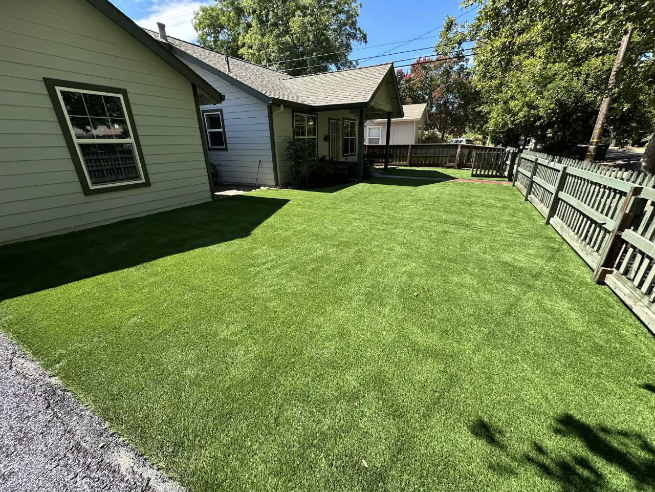 Freshly installed green sod lawn in a residential backyard