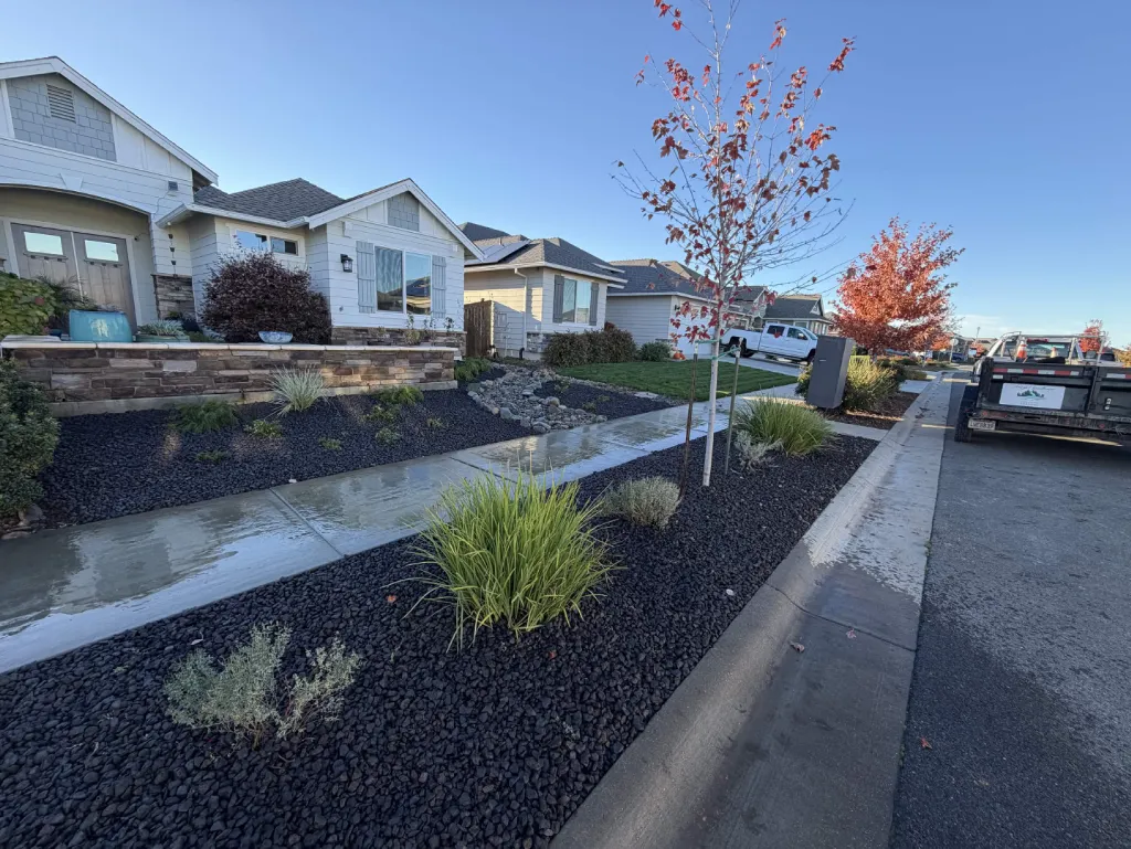 Curbside landscape beds with lava rock and new plantings