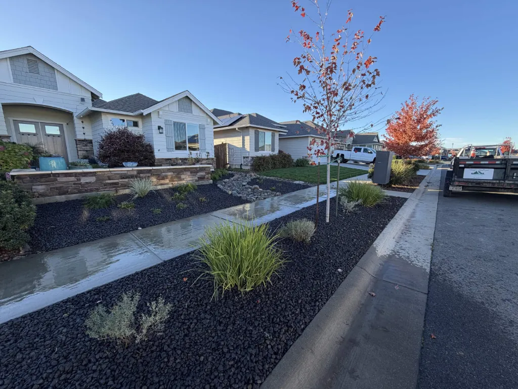 Stone retaining wall with dry creek bed and lava rock beds