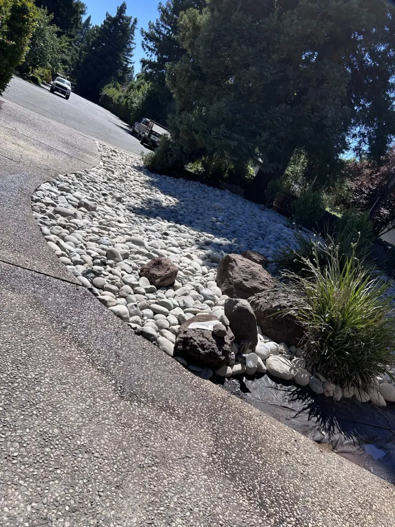 Curbside dry creek bed of white river rock with lava rock accents and ornamental grasses